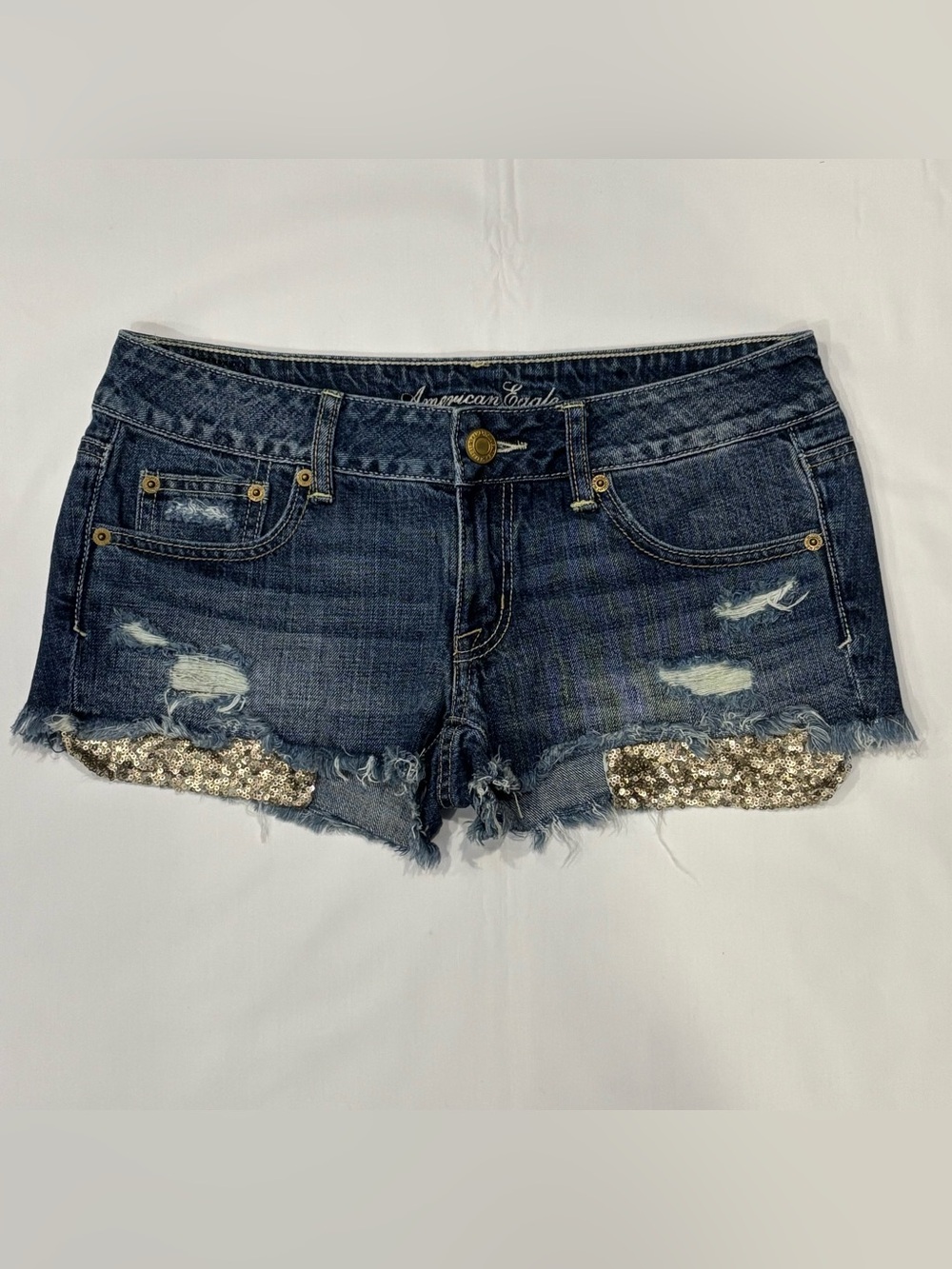 American Eagle Y2K Low Rise Micro Shortie Shorts Size 4 Sequin Pockets Cut Off